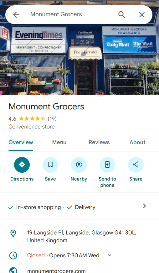Monument Grocer Google Business Page